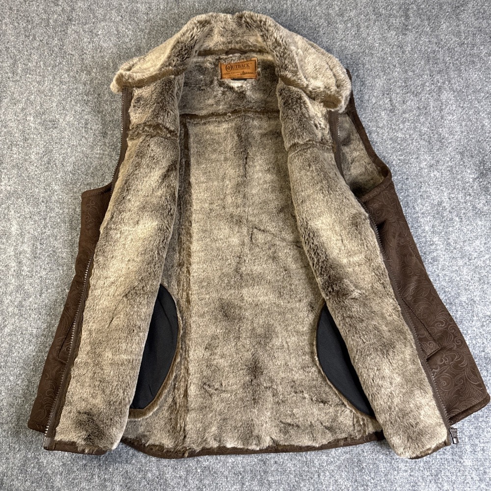 Outback Trading Co. Tooled Vest Women's Large Brown Full Zip Faux Fur Western - Picture 4 of 7